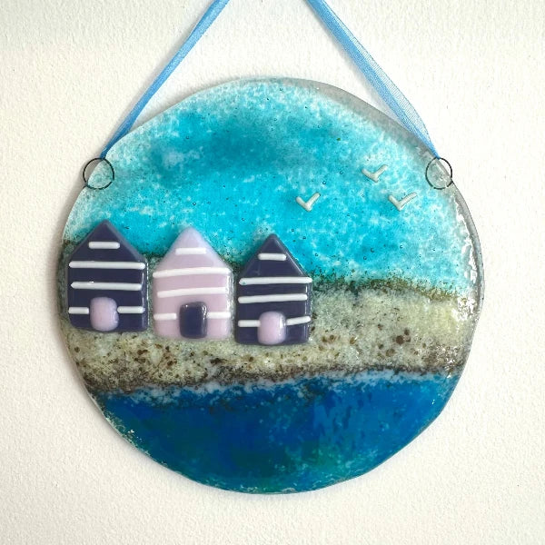 Beach huts fused glass wall hanging