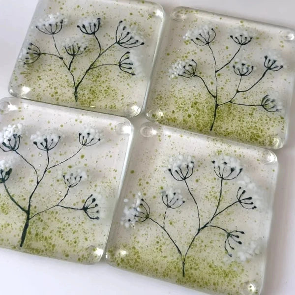 Cow parsley fused glass coasters