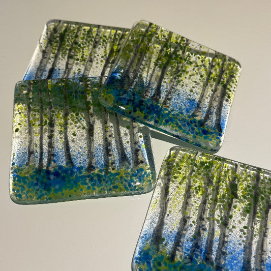hand made fused glass silver birch bluebell woods